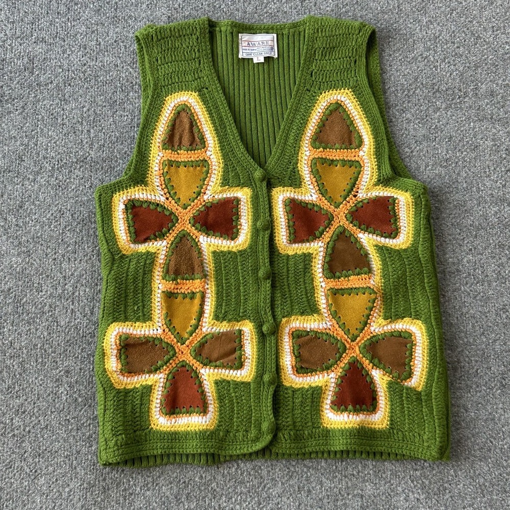 Vintage AWARE Sweater Vest Womens‎ Large Green Crochet Leather Boho 70s Taiwan